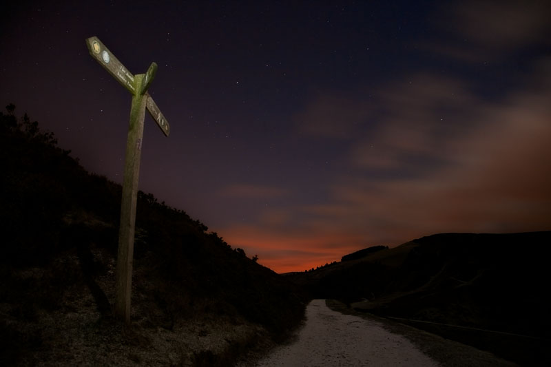 Sign at night, Moel Famau, North Wales