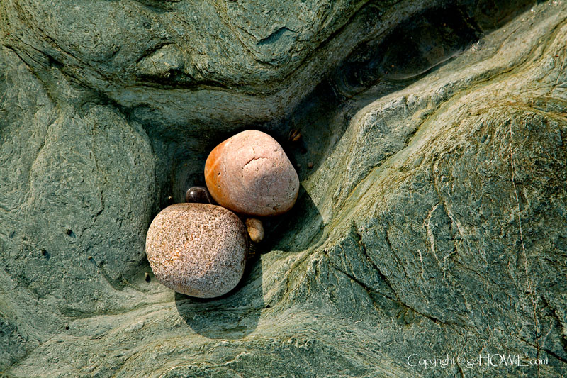 Rounded stones nestled in a rock, Penmon Point, Anglesey, North Wales