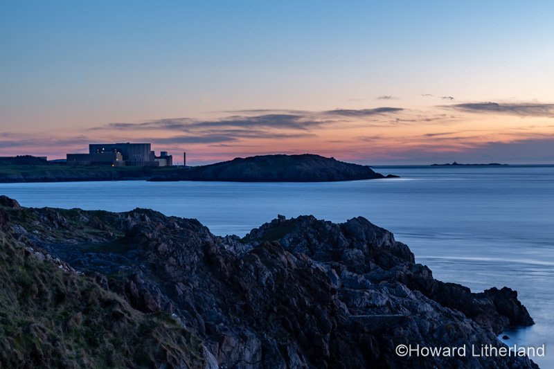 Wylfa nuclear power station at dusk as viewed from Llanbadrig, Anglesey, North Wales