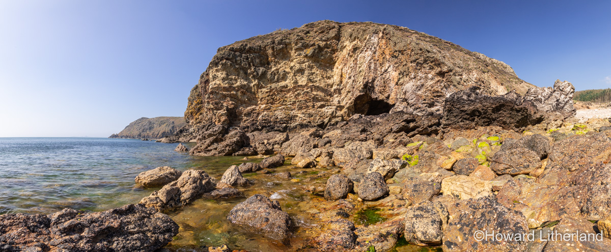 Panoramic view of the coastline at Ynys-Y-Fydlyn on the coast of Anglesey, North Wales