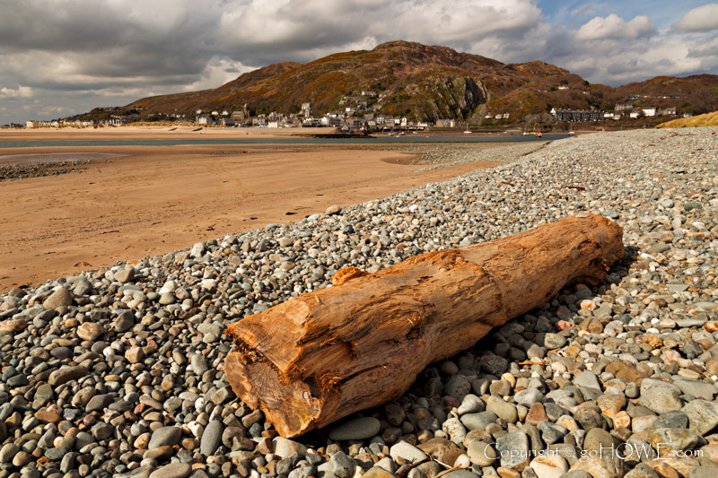 The seaside town of Barmouth on the mid Wales coast, viewed from Fairbourne beach with a washed up tree trunk in the foreground