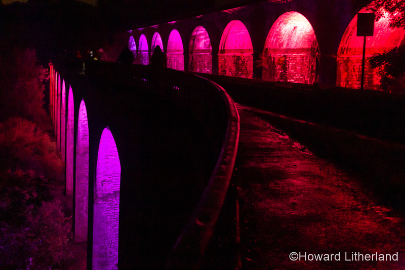 Chirk aqueduct and viaduct, Wales, at night with illuminations