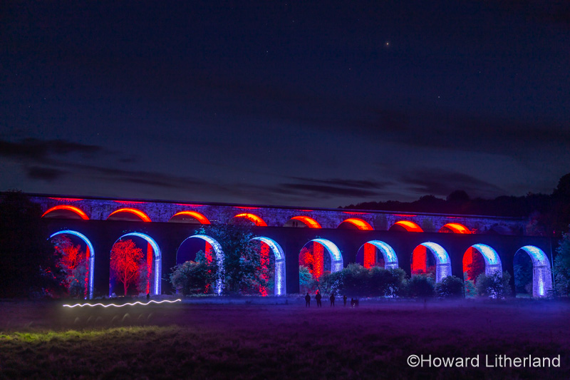 Chirk aqueduct and viaduct, Wales, at night with illuminations