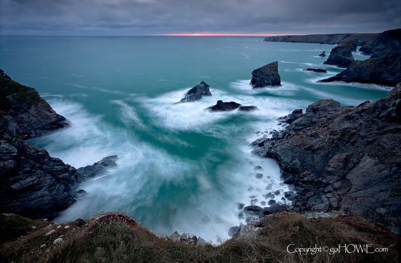 Cliffs and waves at sunset, Bedruthan Steps, Cornwall