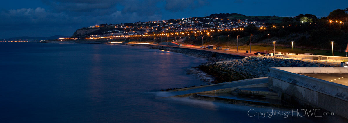 Panoramic image of Colwyn Bay at dusk, shot from the new watersports centre at Porth Eirias on the North Wales coast