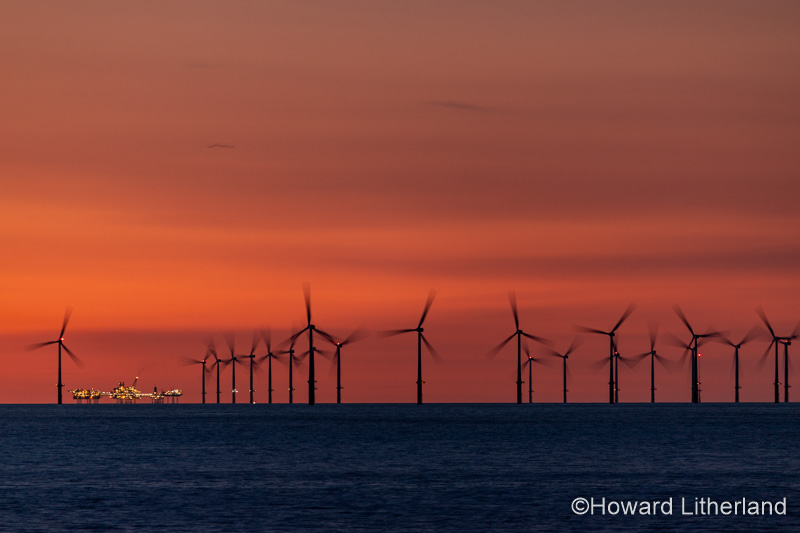 Gwynt-y-Môr offshore wind farm at dusk, Colwyn Bay, North Wales