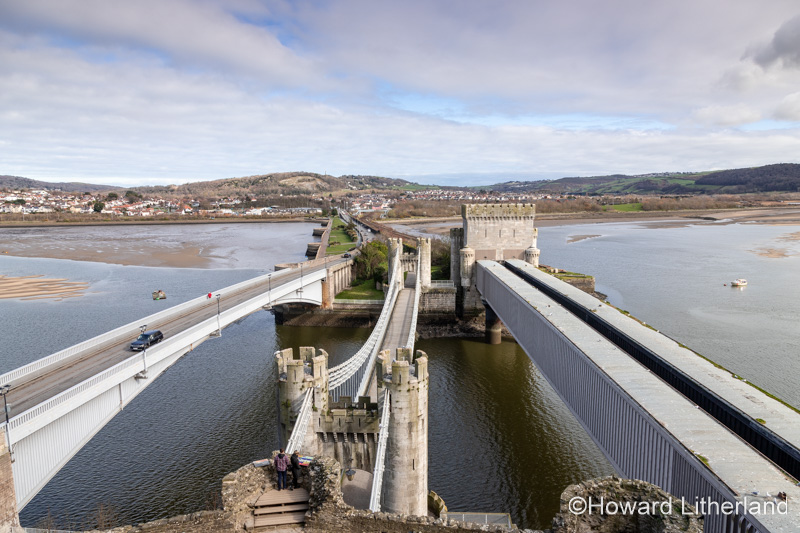 Road, rail and suspension bridges over the river Conwy, Conway, North Wales coast