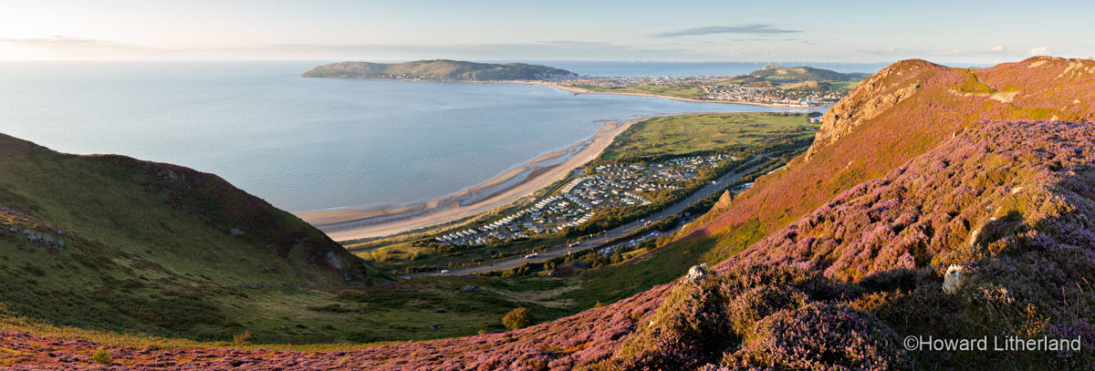 Panoramic image of the view over Conwy Morfa and Llandudno on the North Wales coast, as seen from the Sychnant Pass above Conway