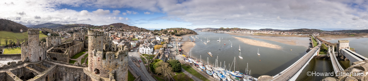Panoramic view over Conwy estuary and Conway castle on the North Wales coast