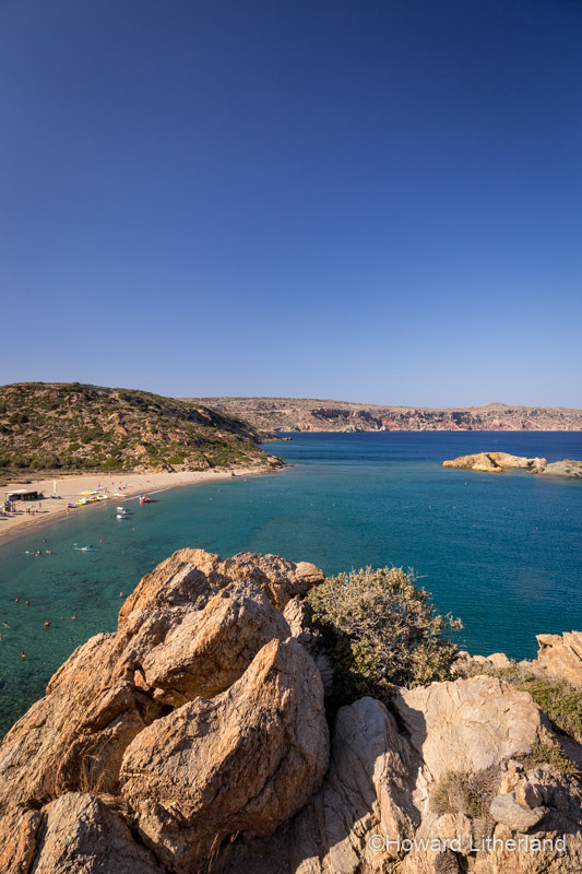 View overlooking the beach and Mediterranean sea at Vai on the east coast of Crete