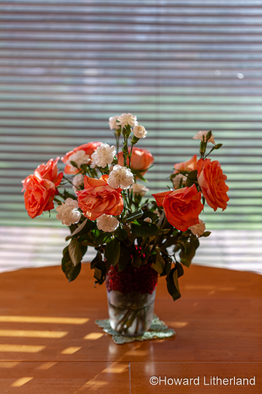 Flowers, roses and carnations in a vase by a window