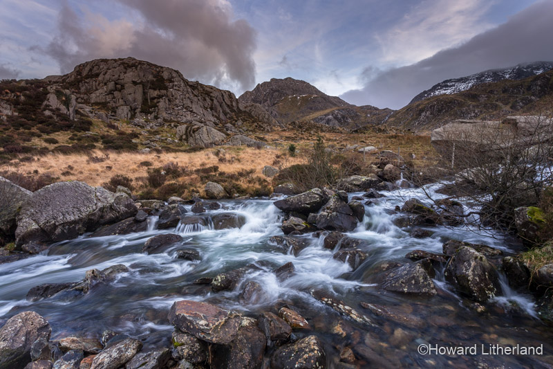The Glyderau mountain range and stream. Snowdonia National Park, Wales