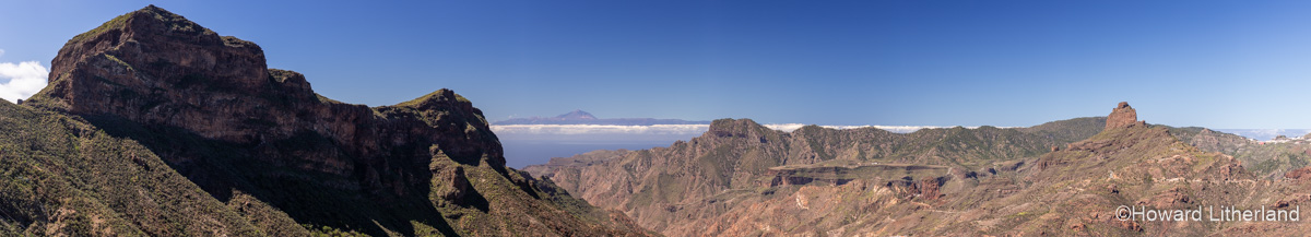 Panoramic view including Roque Bentayga volcanic rock on Gran Canaria, Canary Islands