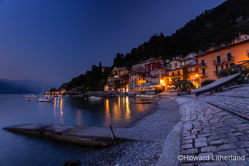 Varenna waterfront at dusk on Lake Como in northern Italy
