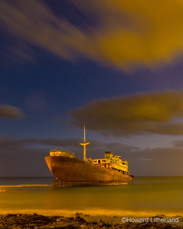 The shipwreck Telamon at night, beached near Arrecife, Lanzarote, Canary Islands