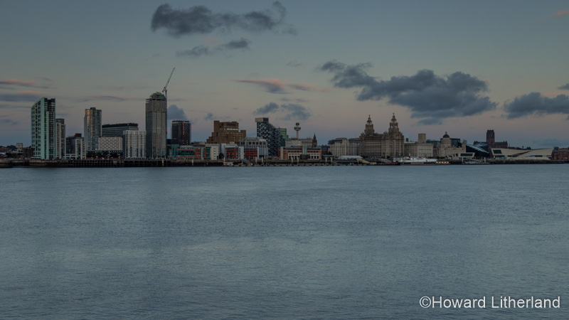 Liverpool waterfront skyline at dusk, Merseyside, England