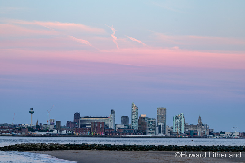 The Liverpool waterfront skyline at dusk, Merseyside, England