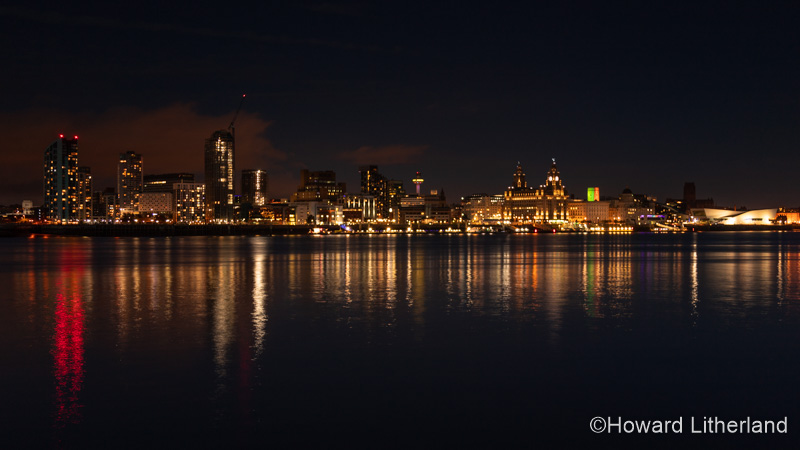 Liverpool waterfront skyline at night, Merseyside, England