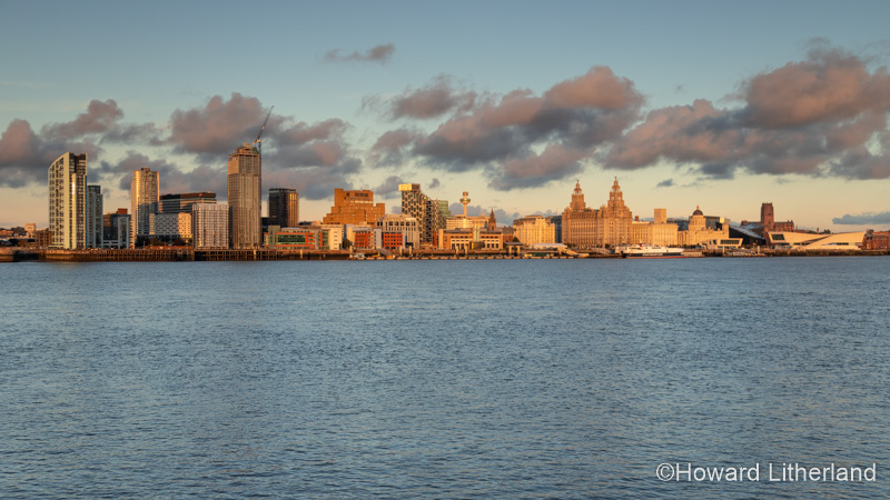 Liverpool waterfront skyline at sunset, Merseyside, England