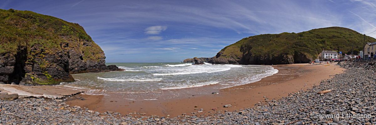 Panoramic image of the beach at Llangrannog on the Ceredigion coast, Mid Wales