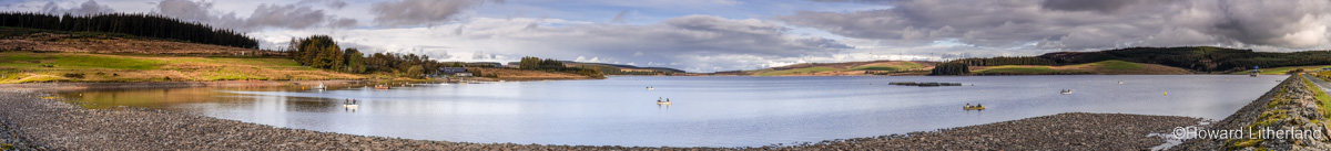 Panoramic view of Llyn Brenig, North Wales, from the dam end
