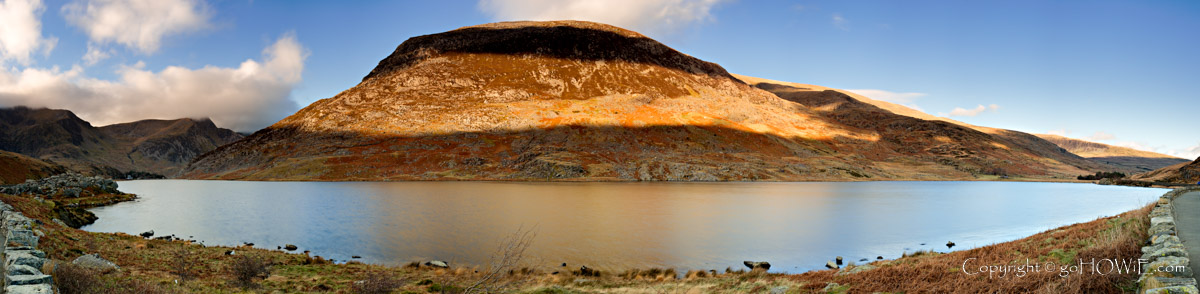 Panoramic image of Llyn Ogwen and the mountain Pen yr Olwen in the Carneddau range, Snowdonia National Park, North Wales