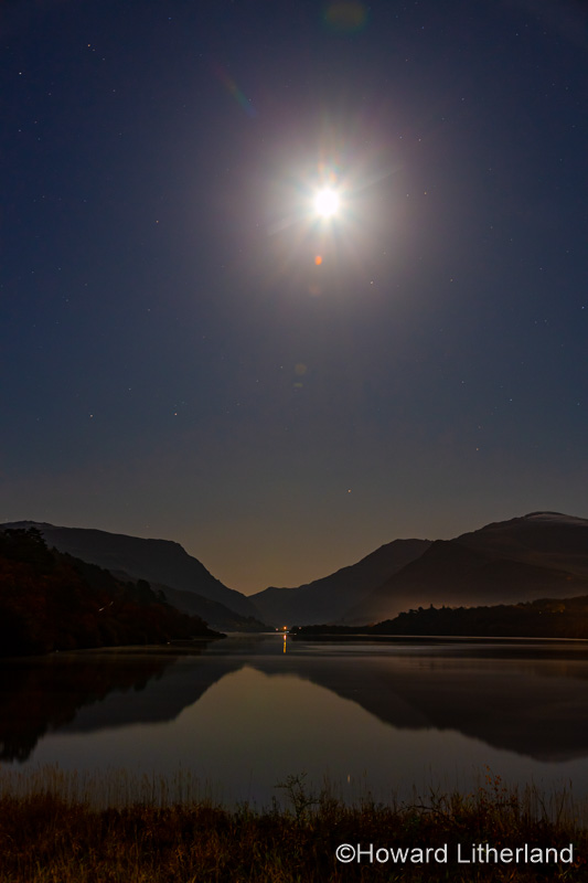 Llyn Padarn and moon at night, Llanberis, Snowdonia, North Wales