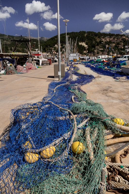 Fishing nets laid out to dry at Port de Soller on the west coast of Mallorca