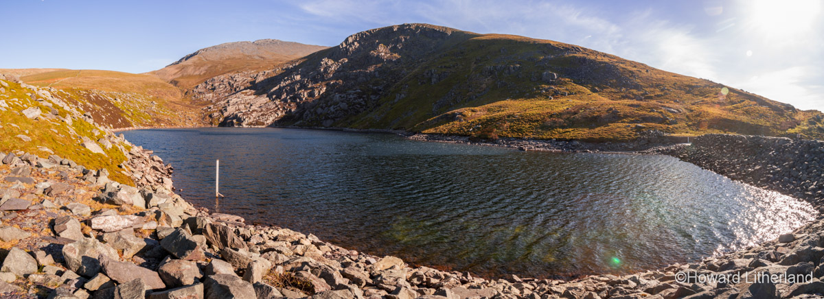 Panoramic image of the view over Marchlyn Bach and Elidir Fawr in the Snowdonia National Park, North Wales