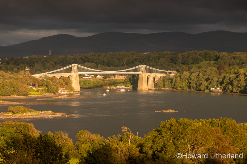 Telford suspension bridge in sunlight, Menai Straits, North Wales