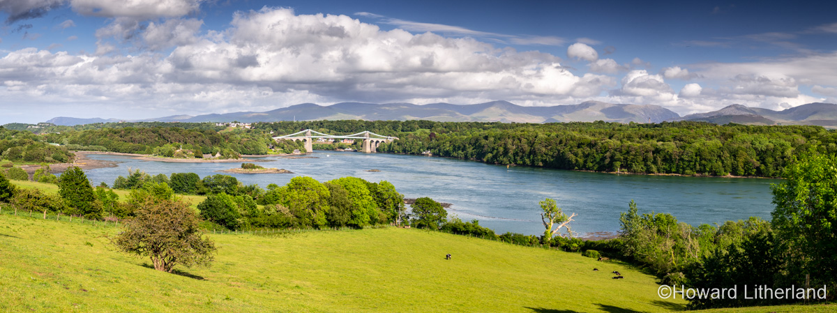 Panoramic view of the Menai Straits between Anglesey and North Wales, including Thomas Telford's iconic suspension bridge