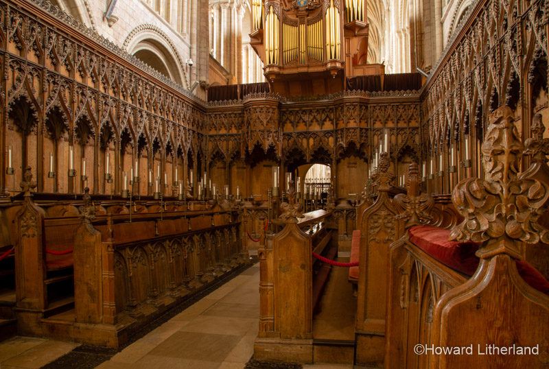 Wooden choir stalls in Norwich Cathedral, Norfolk, England