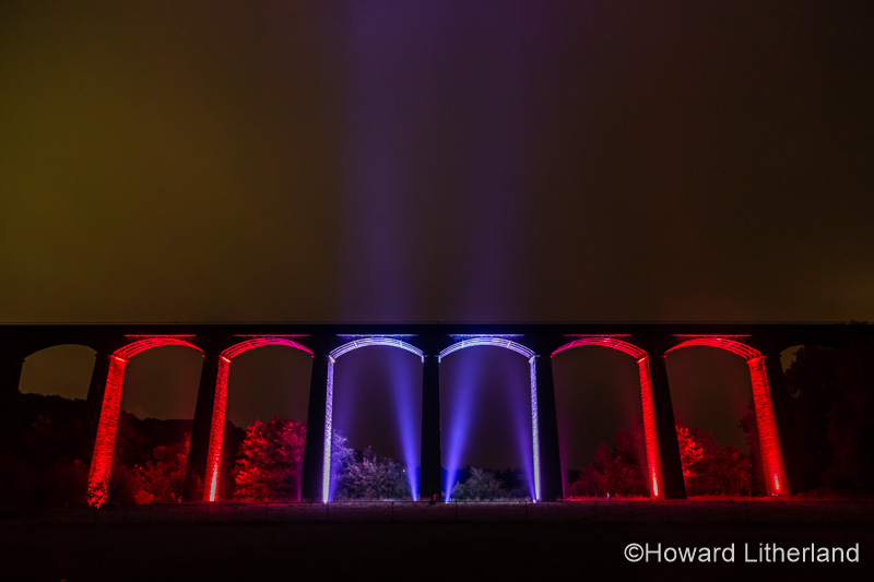 Pontcysyllte aqueduct near Wrexham, Wales, at night with illuminations