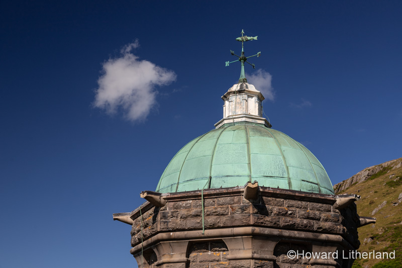 Green copper roof on tower at Craig Gogh dam, Elan Valley, Powys, Wales