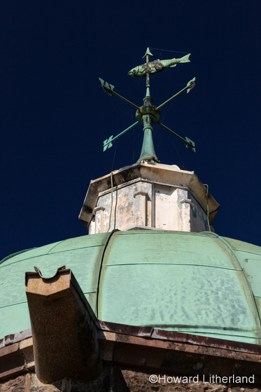 Green copper roof on tower at Craig Gogh dam, Elan Valley, Powys, Wales