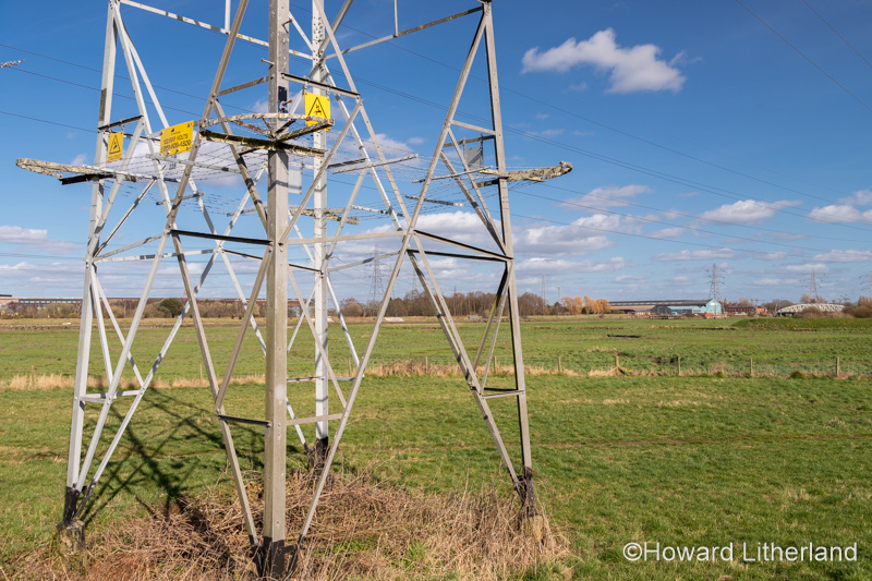 High voltage electricity pylon in sunlight