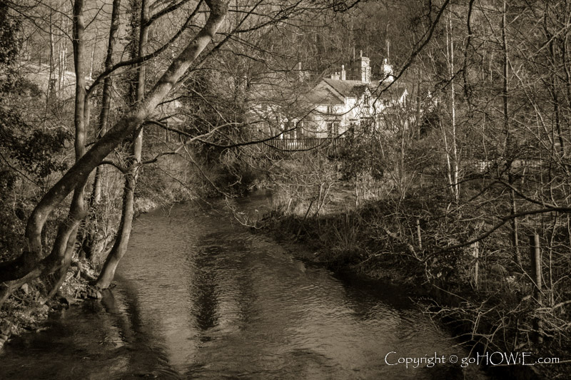 Cottage on a tree lined river bank, Loggerhead Country Park, North Wales