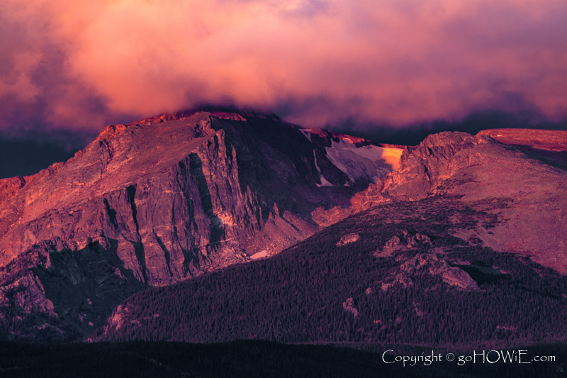 The Rocky Mountains, with clouds at sunrise, as viewed from Estes Park, Colorado, U.S.A.