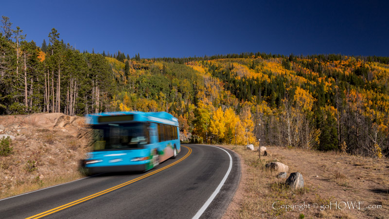 Shuttle bus on the Bear Lake Road in the Rocky Mountain National Park, Colorado, U.S.A.