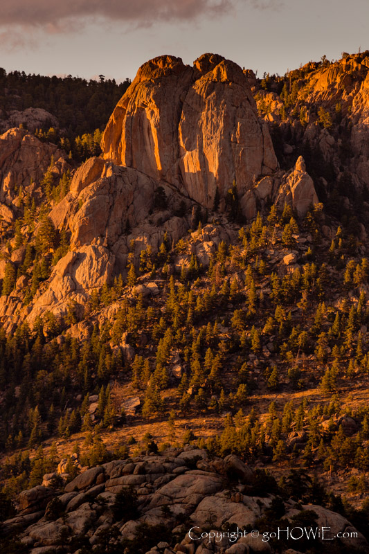 Twin Owls rock formation, Rocky Mountains, as viewed from Estes Park, Colorado, U.S.A.