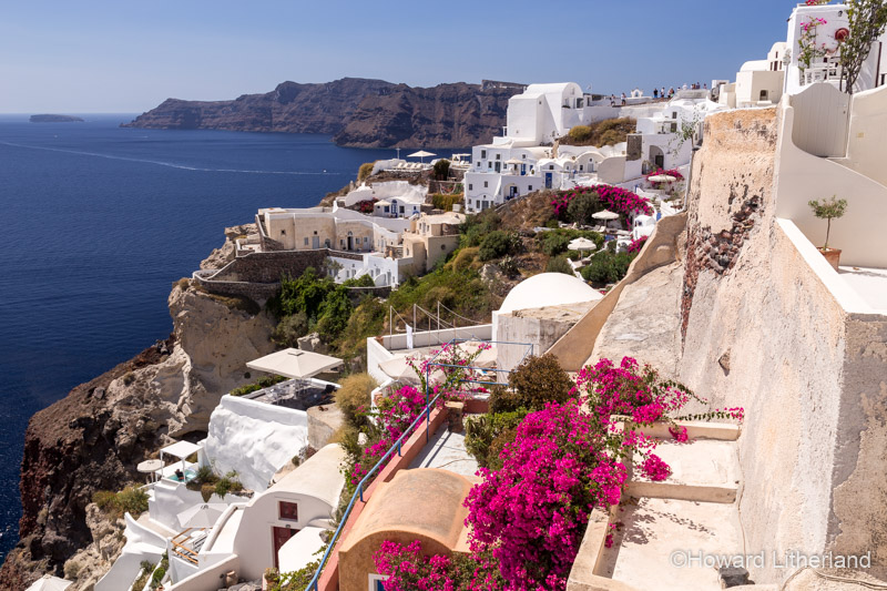 White painted buildings and pink flowers overlooking the Aegean sea at Oia on the island of Santorini