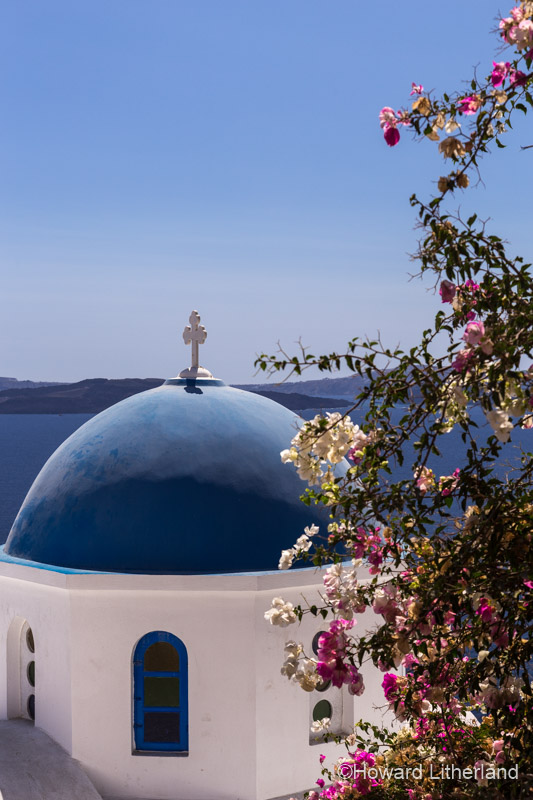 Church with blue dome overlooking the Aegean sea at Oia on the island of Santorini with flowers in the foreground