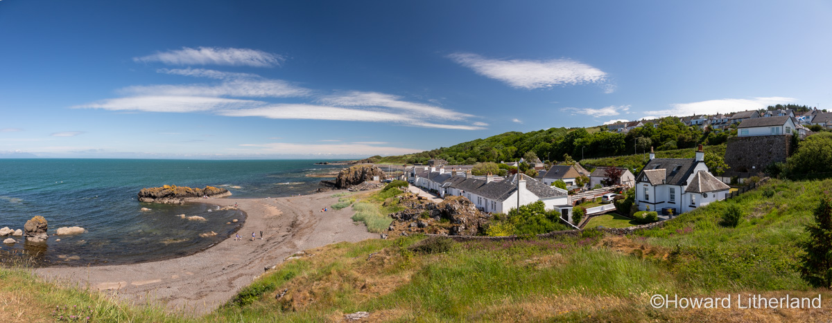 Panoramic view of the fishing village of Dunure on the Ayrshire coast of Scotland
