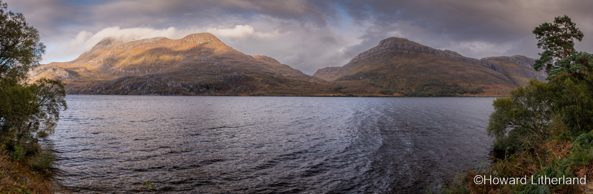 Panoramic view over Loch Maree and Slioch mountain in northwest Scotland