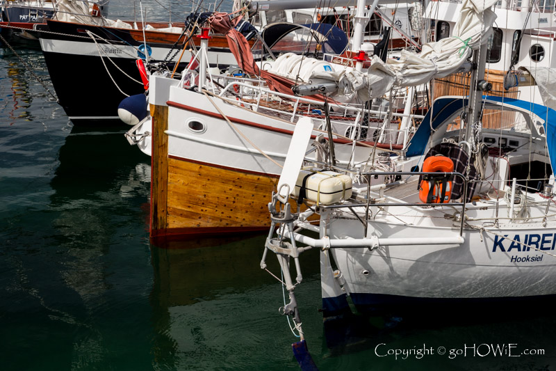 Three boat prows in Lerwick harbour, Shetland Islands, Scotland