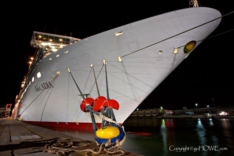 P&O cruise liner Arcadia at night, docked at Venice, Italy