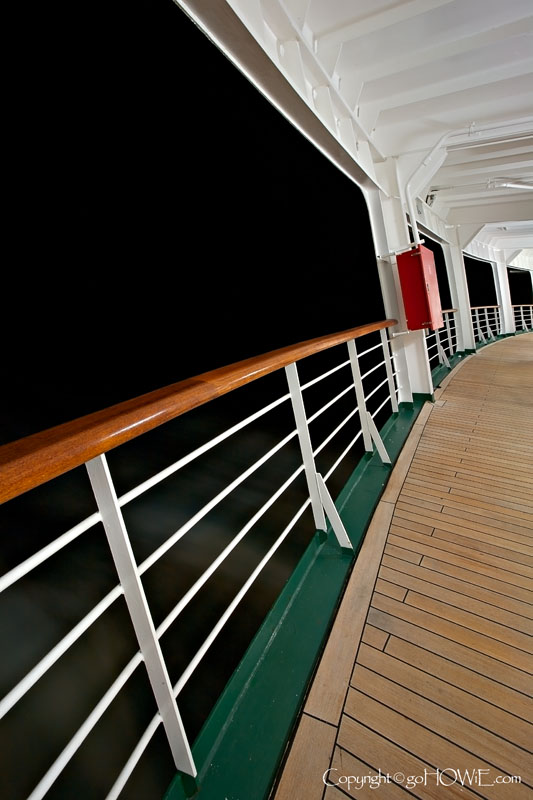 The promenade deck at the stern of P&O liner Arcadia at night