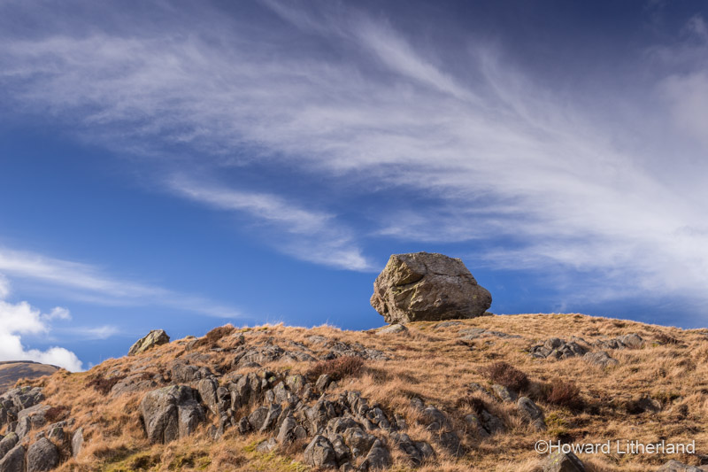 Single balanced boulder, viewed from the path to Llyn Idwal, Snowdonia, North Wales