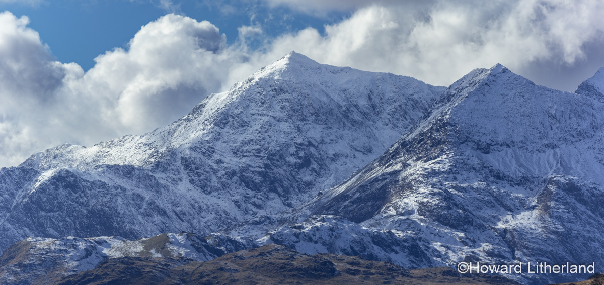 Snowdon mountain covered with snow, Snowdonia, North Wales