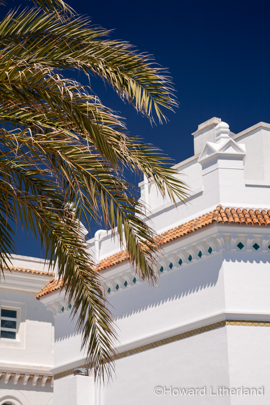 Ornate whitewashed building and palm fronds, Cadiz, Spain